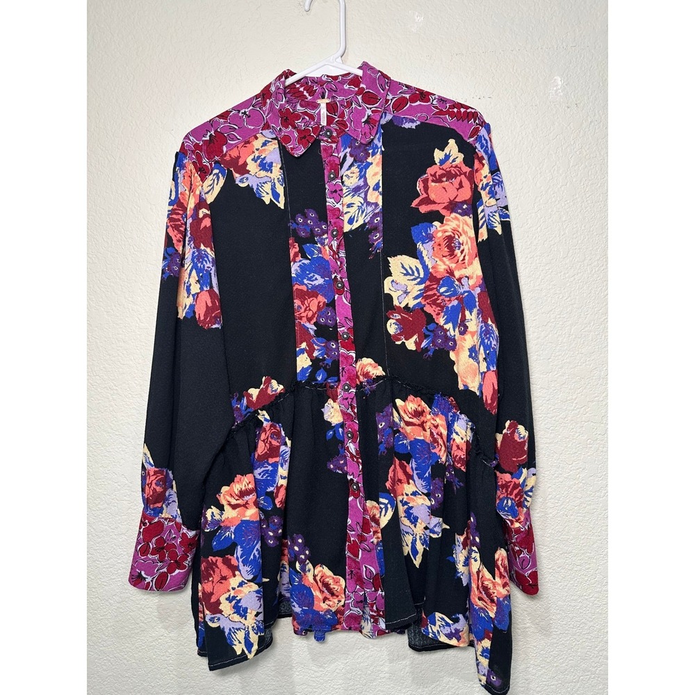 Free People Floral Button Down Tunic Blouse Mixed Print Black Pink XS OB66170